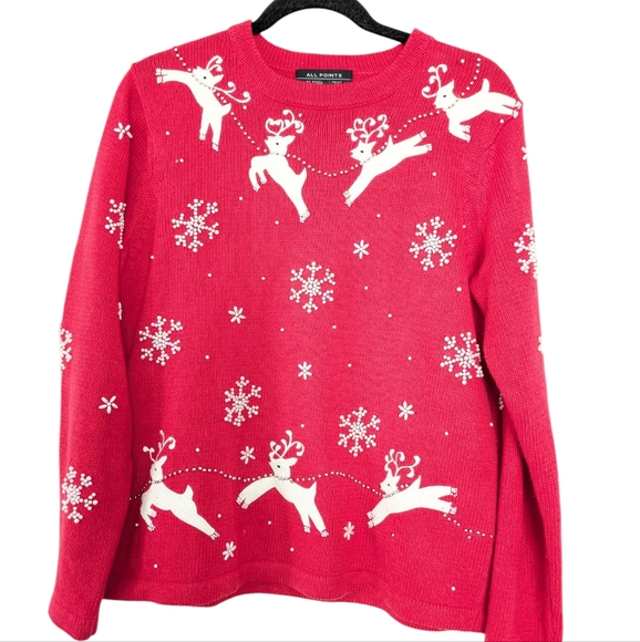 Christmas Sweater Size M Reindeer Red All Points by‎ Reference Point Holiday - Picture 1 of 7